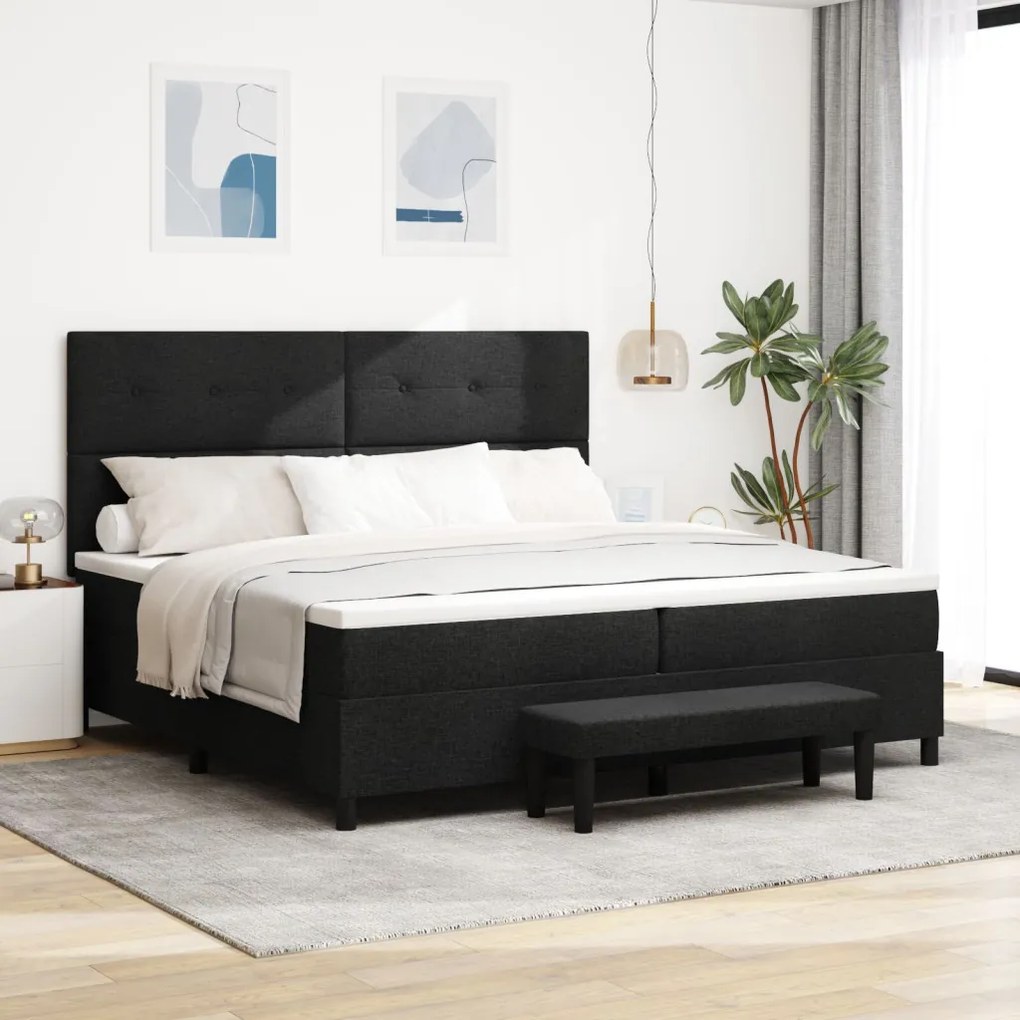 Boxspring ágy matraccal és paddal fekete 200x200 cm szövet