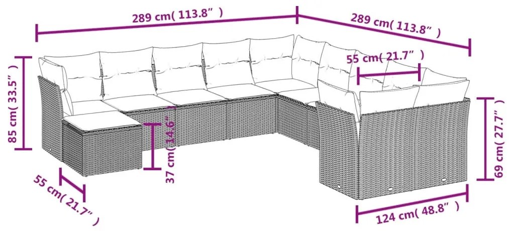 11 részes fekete polyrattan kerti ülőgarnitúra párnákkal