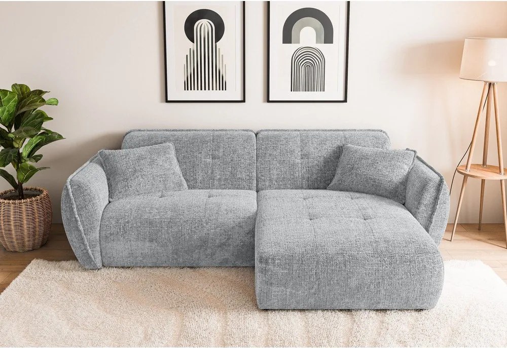 Világosszürke zsenília sarokkanapé (jobb oldali-heverő résszel) Nelia – Ropez