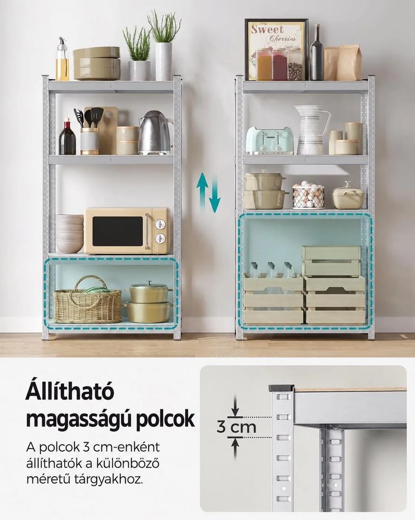 SONGMICS 2 db nagy teherbírású tárolóállvány, 4 állítható polccal, 80 x 40 x 160 cm, 520 kg/állvány, ezüst