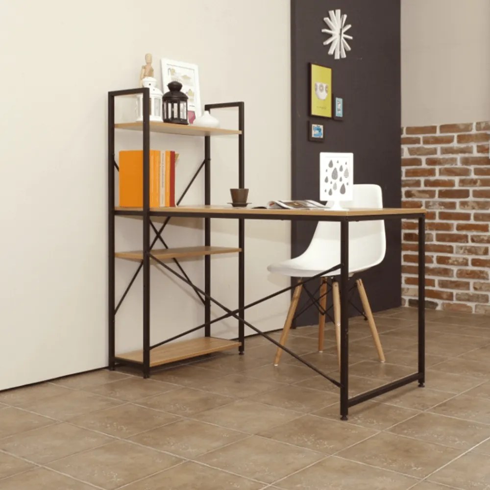 VEINA számítógépasztal 3 polcos tárolóállvánnyal, 120 x 60 cm-es asztallappal, tölgy/fekete