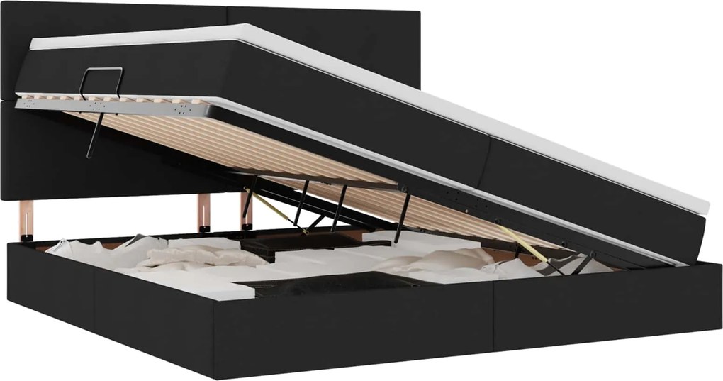 vidaXL Ágy tárolóval és matraccal Fekete 200 x 200 cm Poliészter