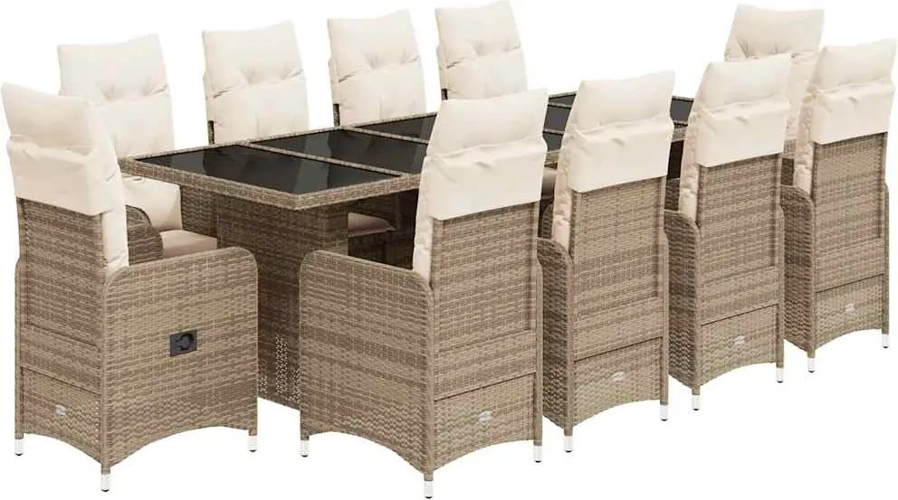 vidaXL 11 részes bézs polyrattan kerti bisztrógarnitúra párnákkal