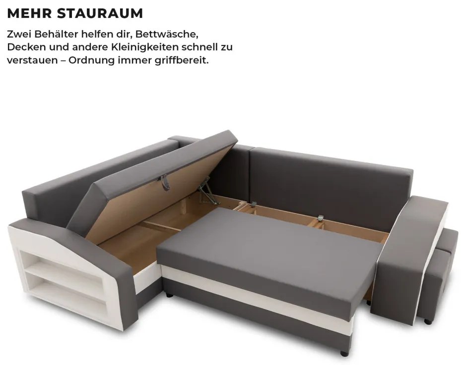 Grande sarokkanapé polcokkal és puffokkal , polc a bal karfaban puffok a jobb karfaban, baloldali, szövet anyag, hab töltet, szürke - fehér