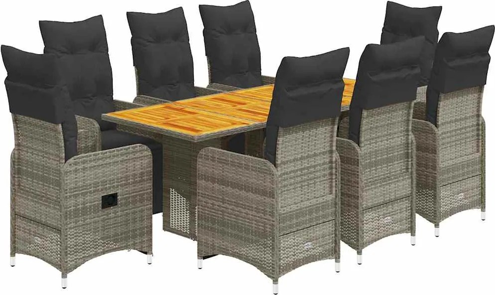 vidaXL 9 részes szürke polyrattan kerti bisztrógarnitúra párnákkal