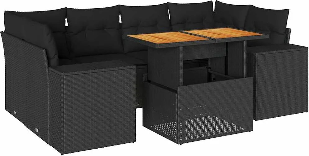 vidaXL 7 részes fekete polyrattan kerti ülőgarnitúra párnával