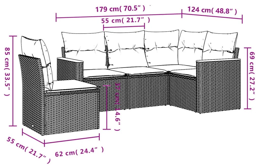 5 részes fekete polyrattan kerti kanapészett párnákkal