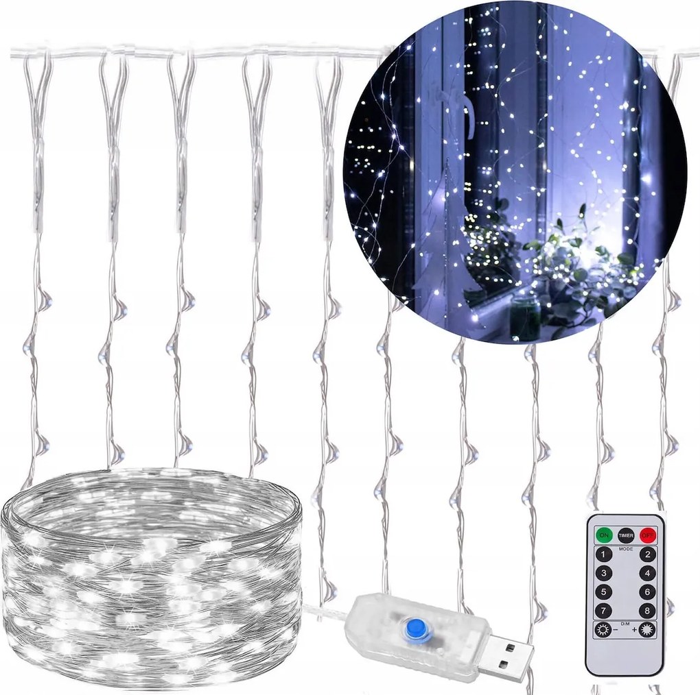 Fényfüggöny 300 LED-es lámpával, távirányítóval, 3x3 méteres, függönyhöz, fehér