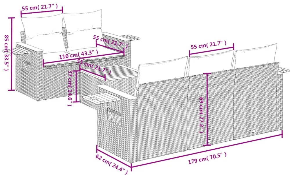 6 részes szürke polyrattan kerti ülőgarnitúra párnával