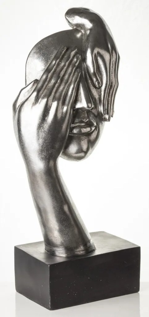 Bond design ezüst emberi arc kézekkel műanyag mellszobor asztali dekoráció fekete talpon 54x23x14cm