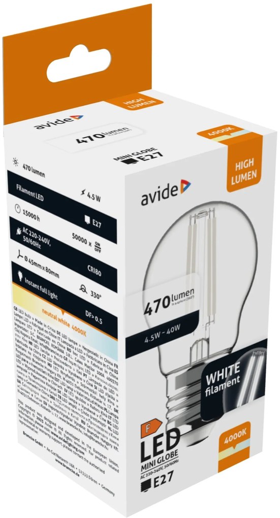 Avide LED White Filament Mini Globe 4.5W E27 NW 4000K