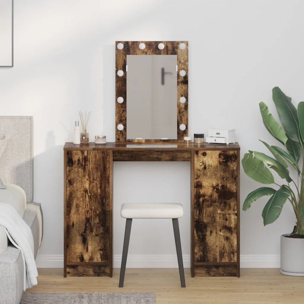 Fésülködőasztal LED Lámpákkal Füstölt Tölgy 102x33x135 cm