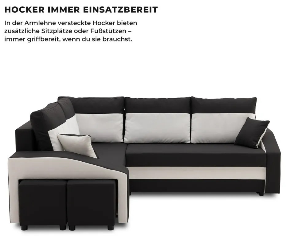 Grande sarokkanapé polcokkal és puffokkal , polc a jobb karfaban puffok a bal karfaban, baloldali, szövet anyag, bonell töltet, fekete - fehér