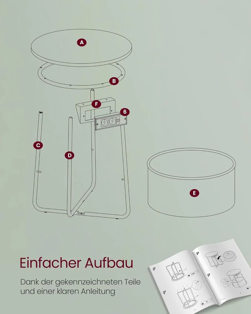 Kerek dohányzóasztal usb töltő porttal, kis asztal aljzattal, erdőzöld és krémfehér