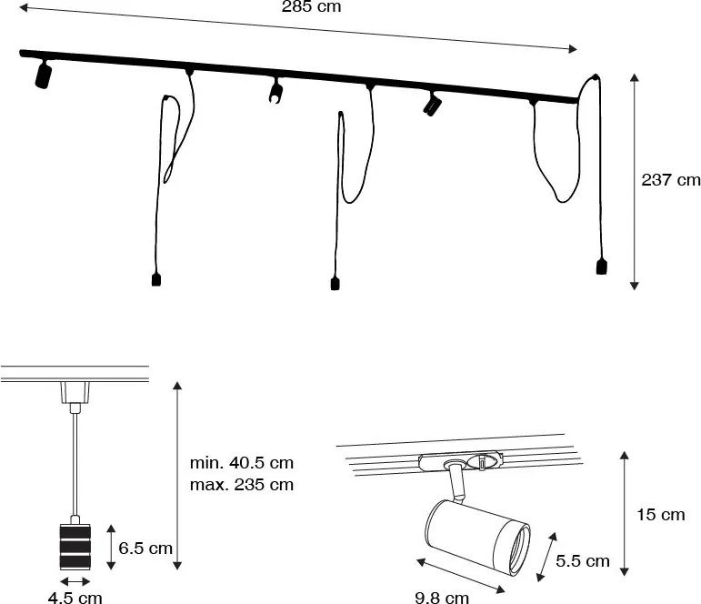 1 fázisú sínrendszer 3 spotlámpával és függőlámpákkal fehér - Cavalux Jeana