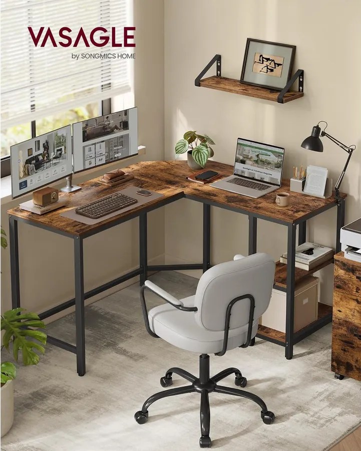 Számítógépasztal, L-alakú sarokasztal, 120 x 130 x 76 cm, rusztikus barna és fekete