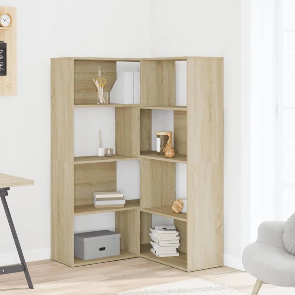 4 szintes sonoma tölgy szerelt fa sarok könyvespolc 85x85x140cm
