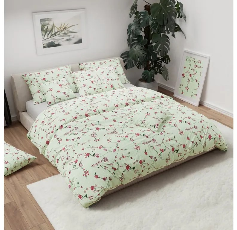 Krepp ágyneműhuzat FLORAL CREAM világoszöld Ágyneműhuzat mérete: 70 x 90 cm | 140 x 200 cm