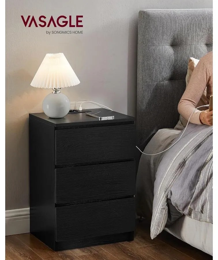 VASAGLE Éjjeliszekrény 2 darabos szett, 2 hálózati aljzattal és 2 USB-porttal, fekete színben