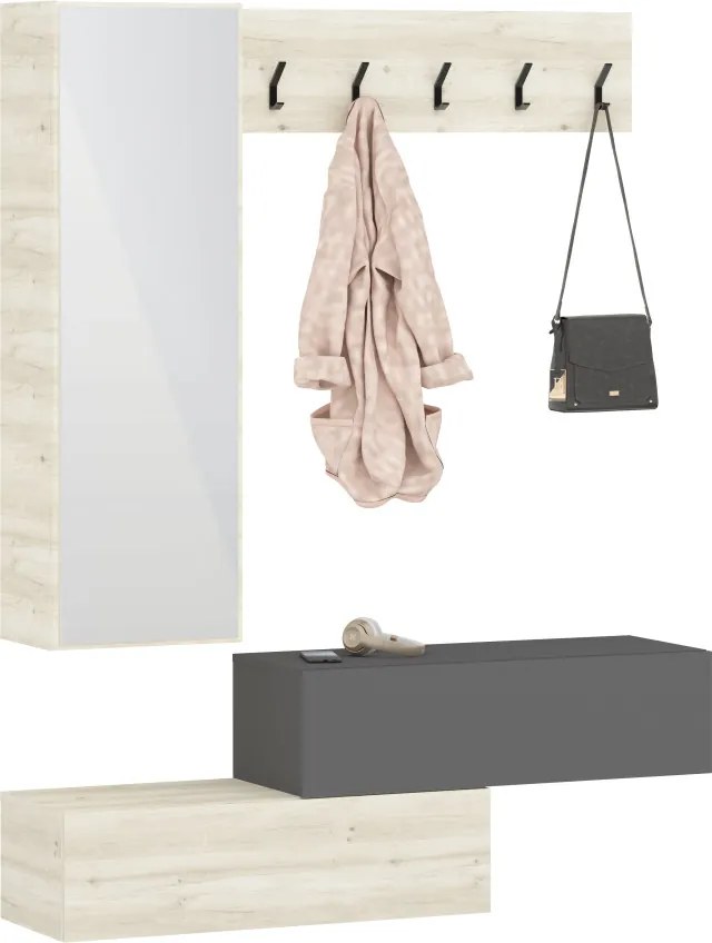 Diego előszobafal, Fehér tölgy / Antracit, 140 x 28 x 180 cm