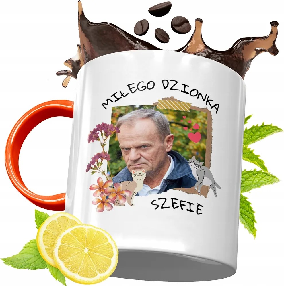 Donald Tusk Narancssárga Bögre Ajándék, fényképes nyomattal
