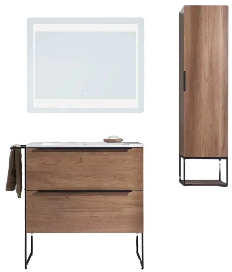 Sanermo 80 cm komplett fürdőszoba bútor szett, Platina tölgy szín, soft close fiók, kerámia mosdóval