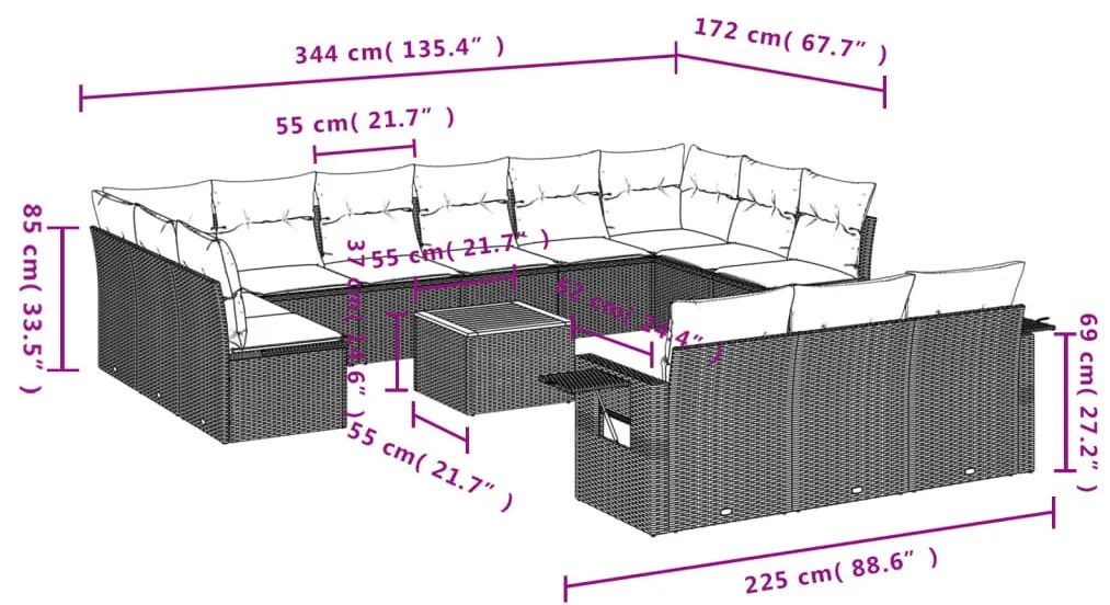 14 részes vegyes bézs polyrattan kerti ülőgarnitúra párnával