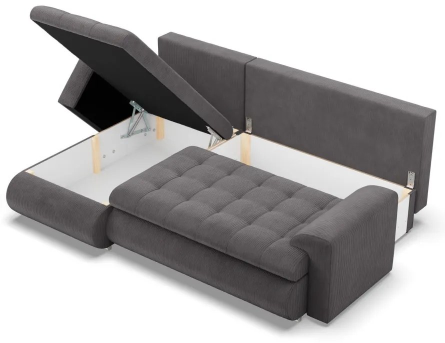 Tokio sarokkanapé, 2 ágyneműtartóval, kordbársony, baloldali, szürke