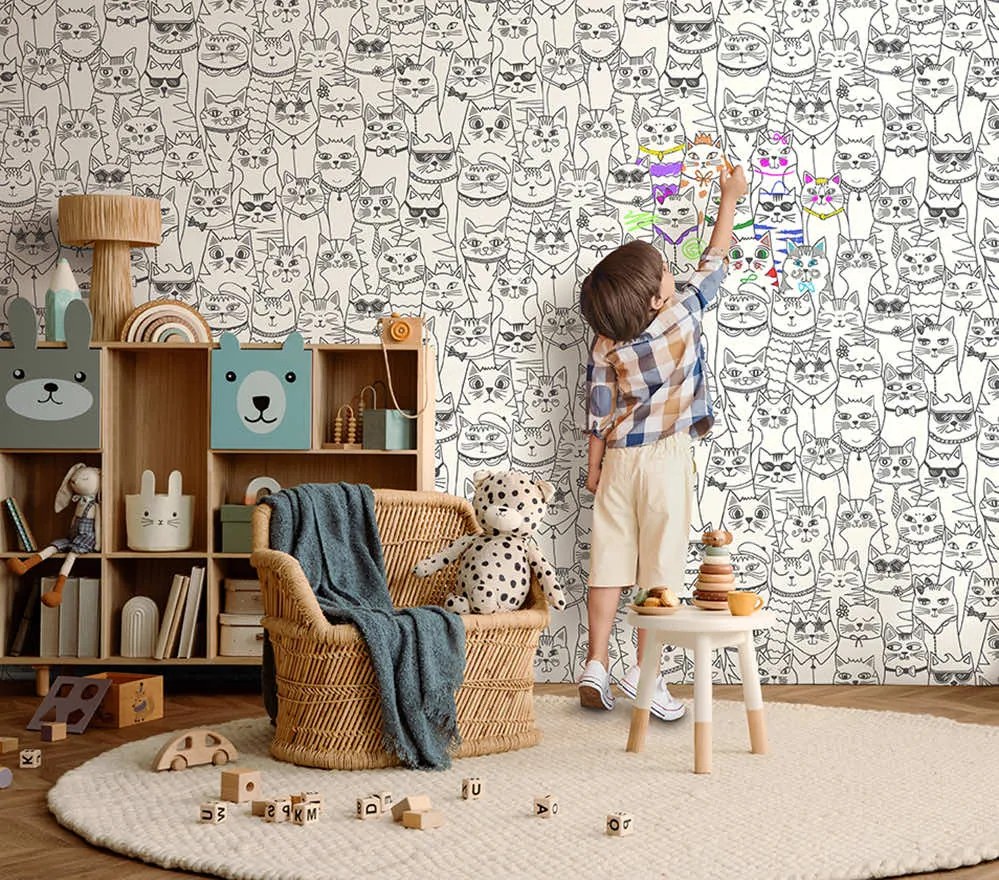 Holden Decor Adventure Awaits Colour-Me Cats fehér-fekete cicás papír tapéta – 14070