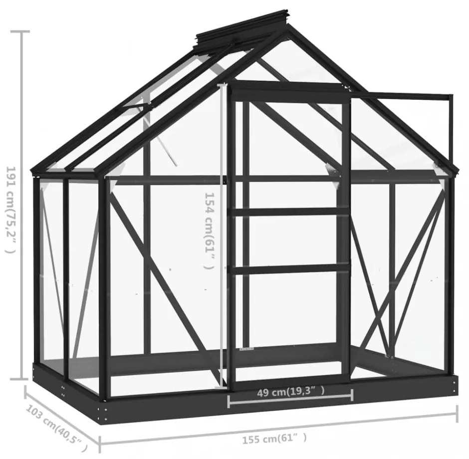 antracitszürke üveg és alumínium melegház 155 x 103 x 191 cm