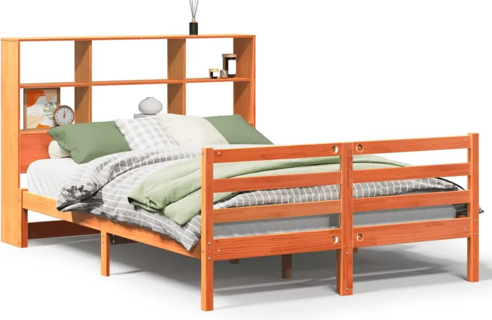 vidaXL viaszbarna tömör fa könyvespolcos ágy matrac nélkül 140 x 190cm