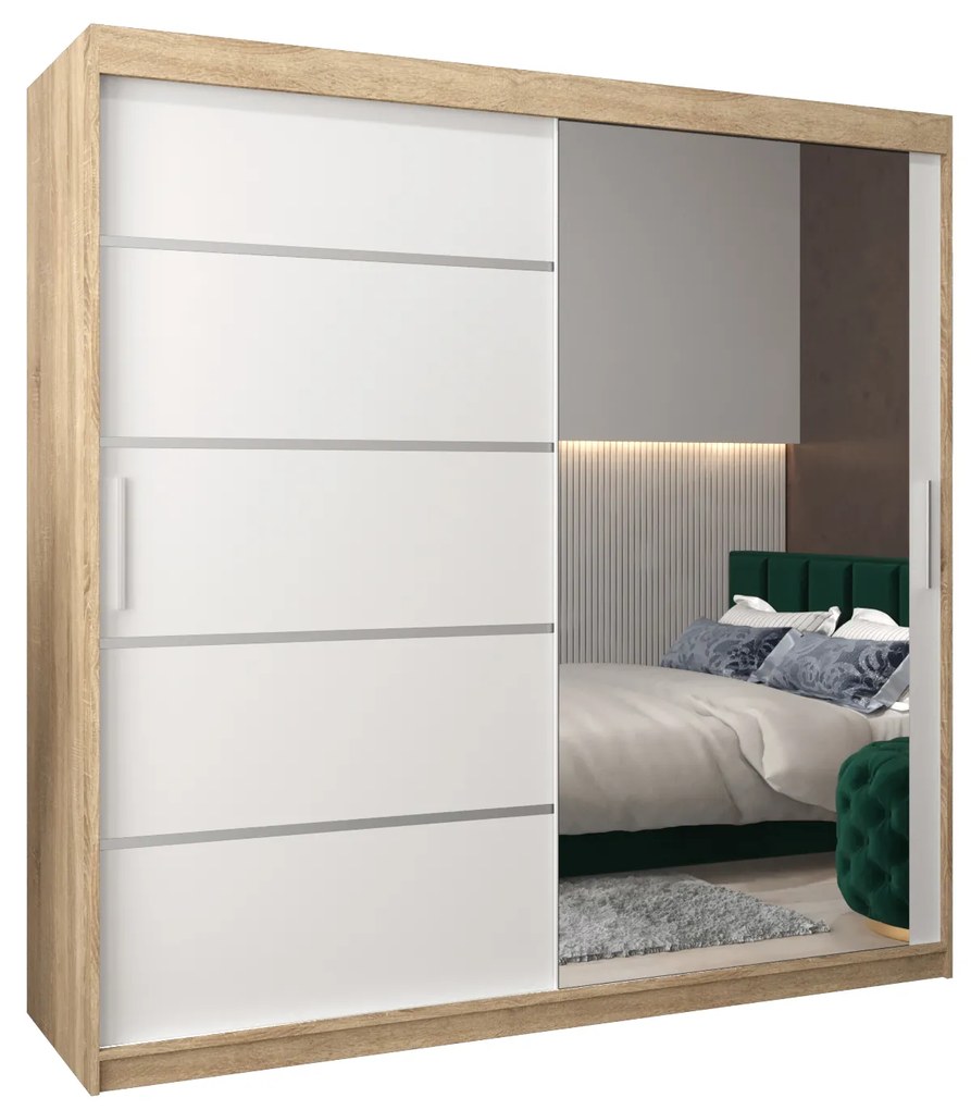 Ruhászekrény 200 cm tükörrel Verika 2 200 (szonoma tölgy + fehér). 1064230