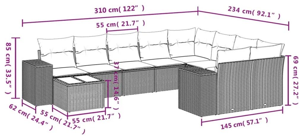 10 részes szürke polyrattan kerti ülőgarnitúra párnákkal