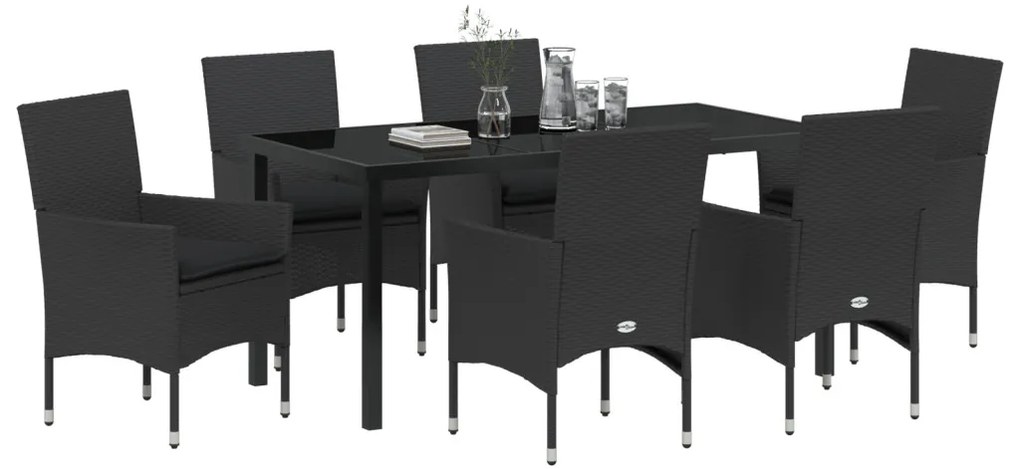 7 Darabos Kert Étkező Szett Párnákkal Fekete Polirattan, Kerti Asztal Fekete 160x80x73 cm Edzett Üveg