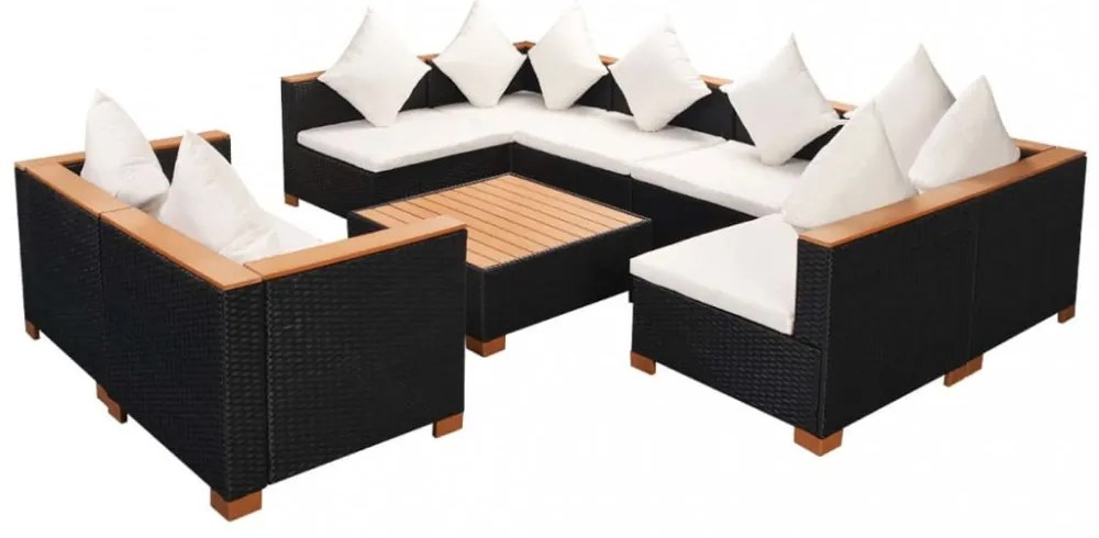 9-részes fekete polyrattan kerti bútorszett párnákkal