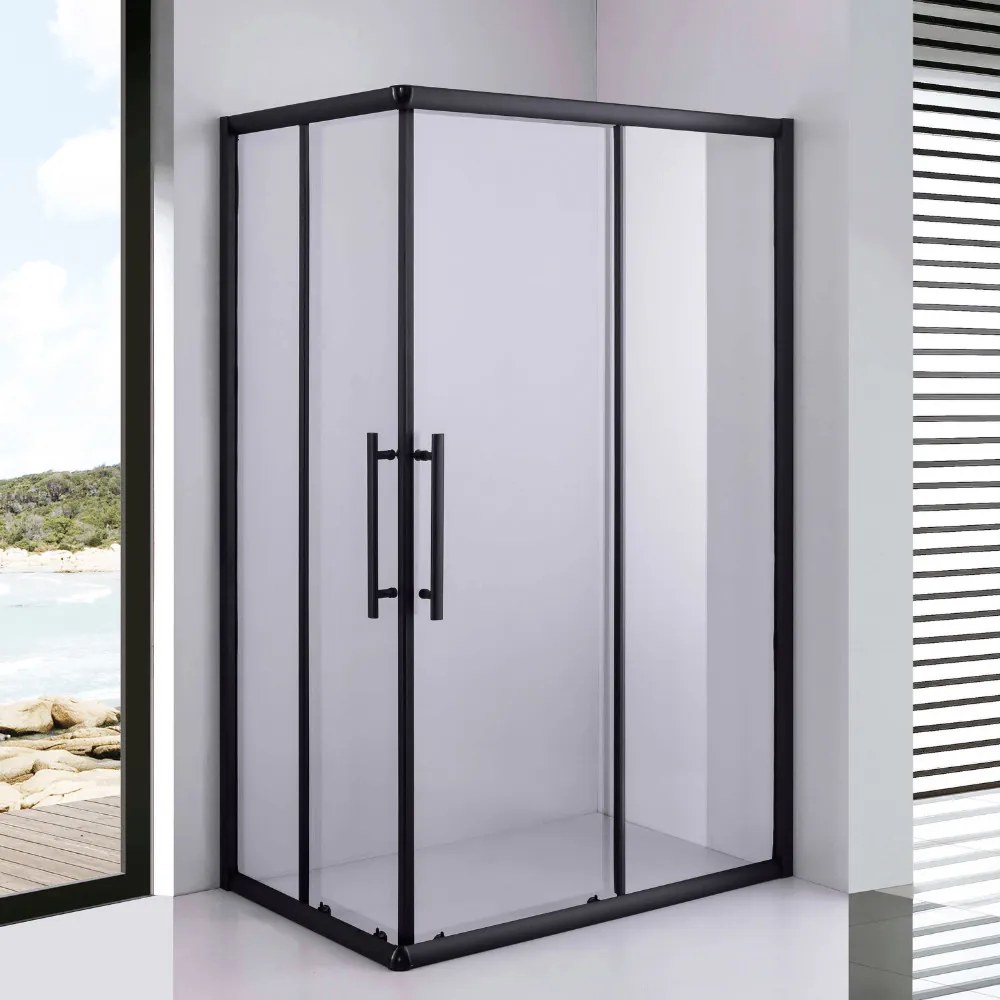 Stuxi Nizza Black 120x70 cm aszimmetrikus két tolóajtós zuhanykabin 6 mm vízlepergető biztonsági üveggel, fekete elemekkel, 190 cm magas