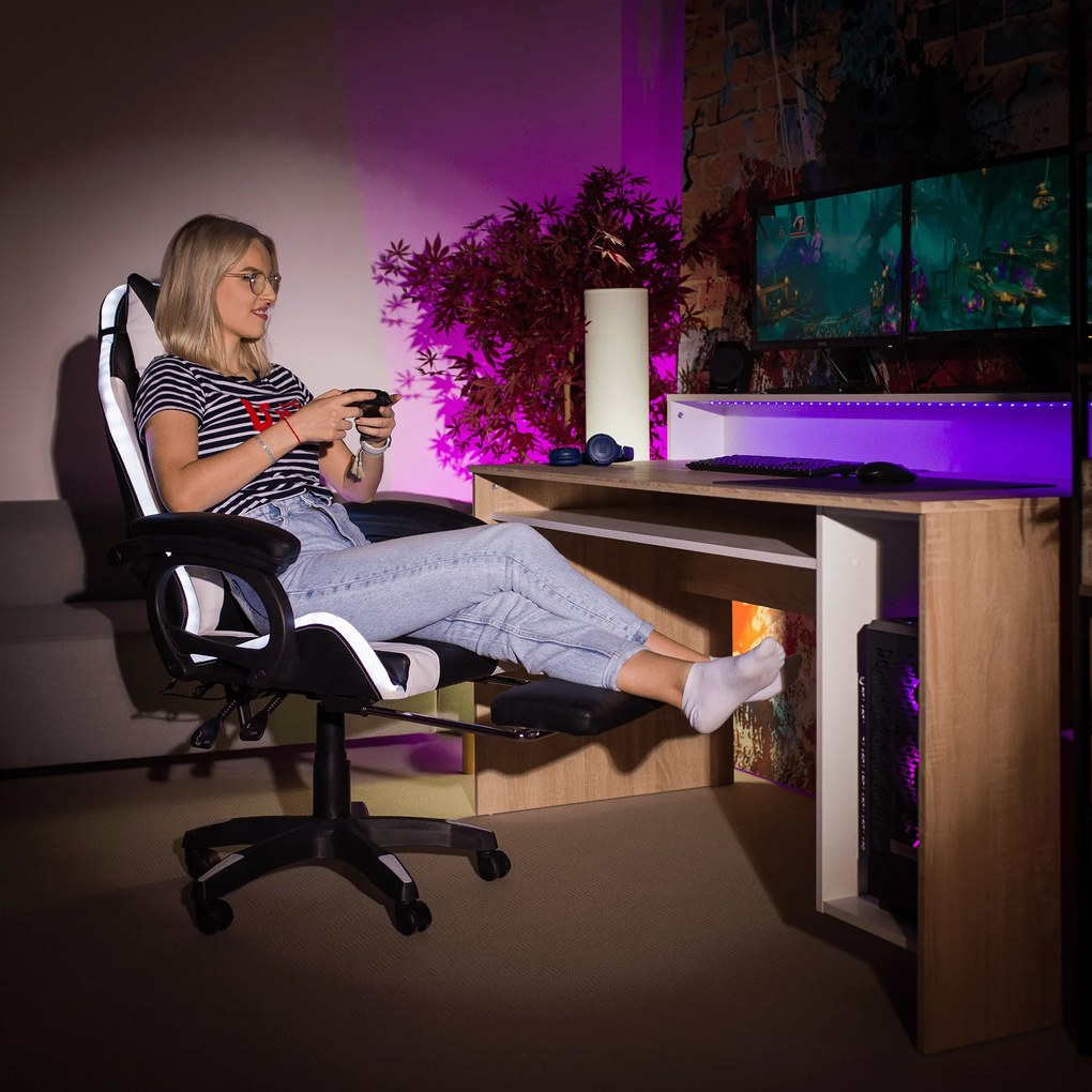 Irodai/gamer szék RGB LED világítással, fekete/fehér, JOVELA