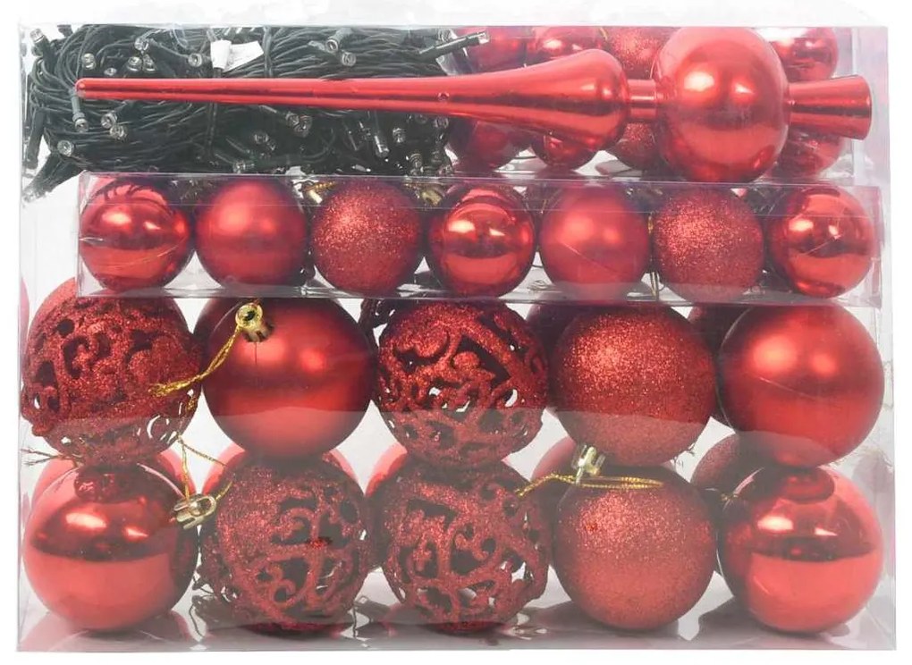 Karácsonyi Díszgömb Készlet 150 LED-del 61 pcs Piros Műanyag