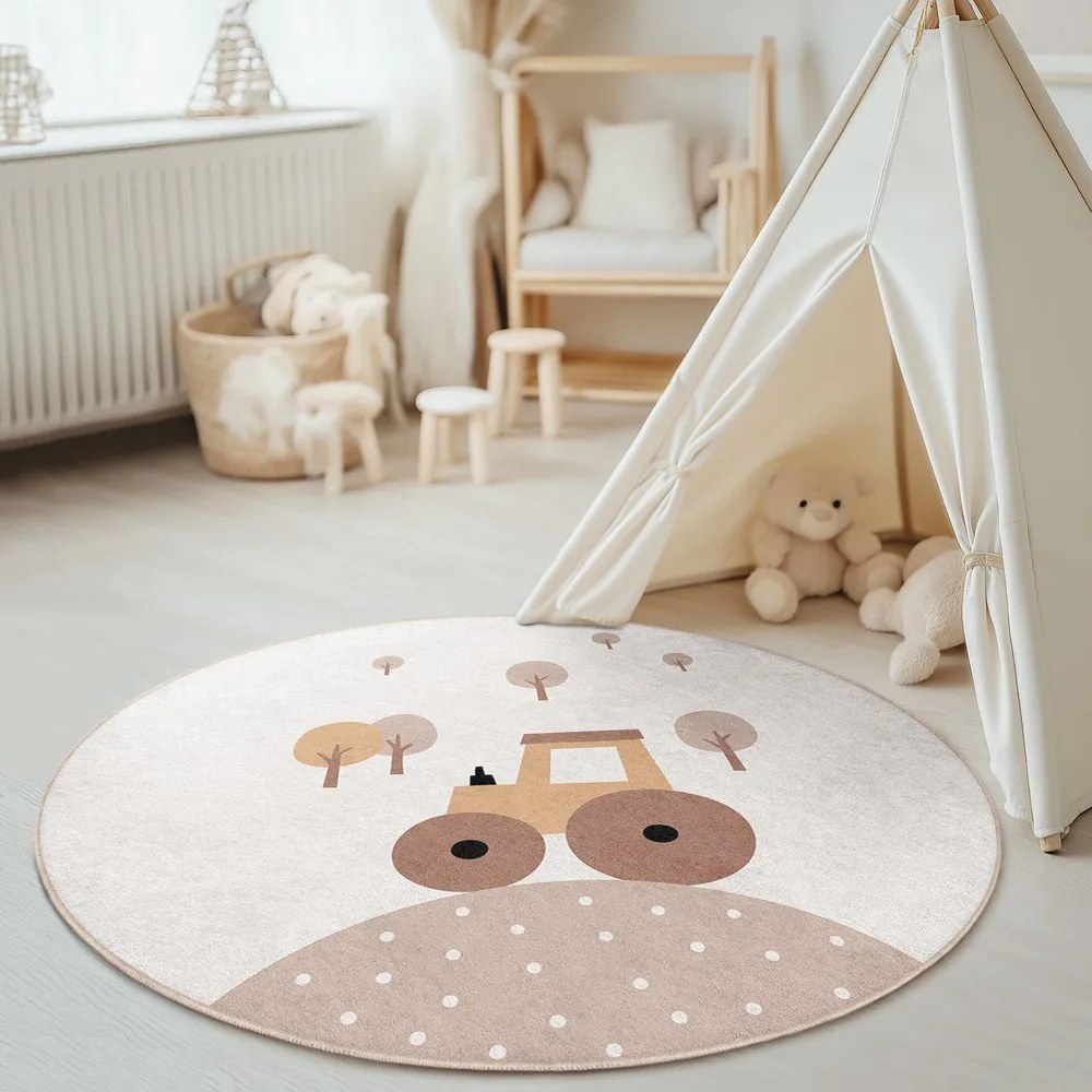 Bézs mosható gyerek szőnyeg ø100 cm Tractor World – Mila Home