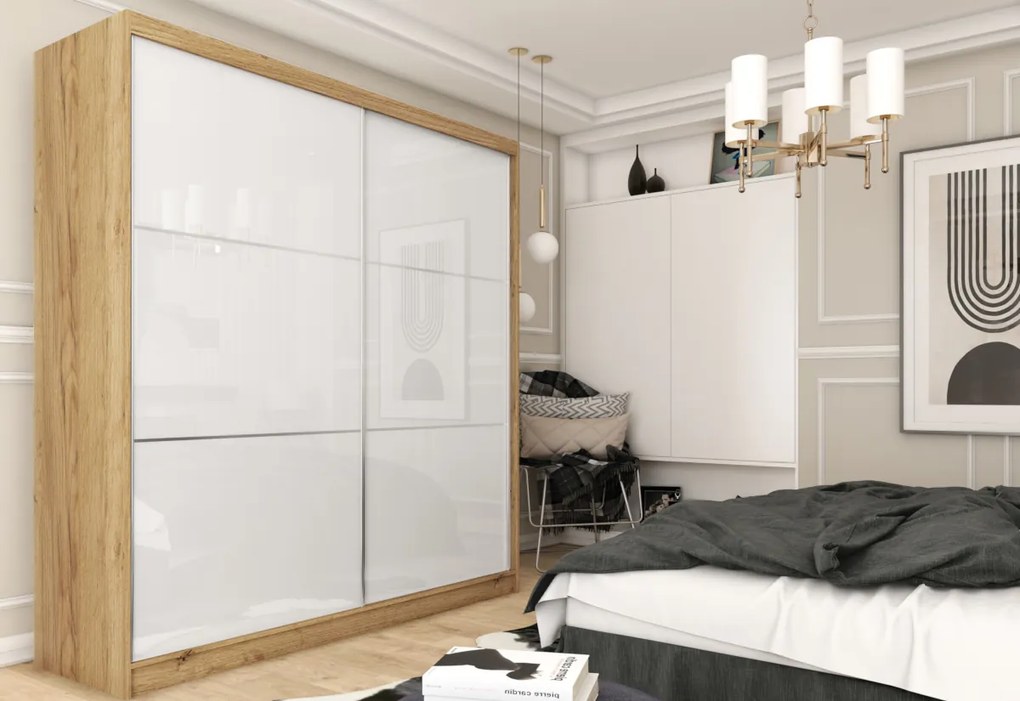 KUREZ tolóajtós ruhaszekrény, 180x216x61, tölgy sonoma/fehér