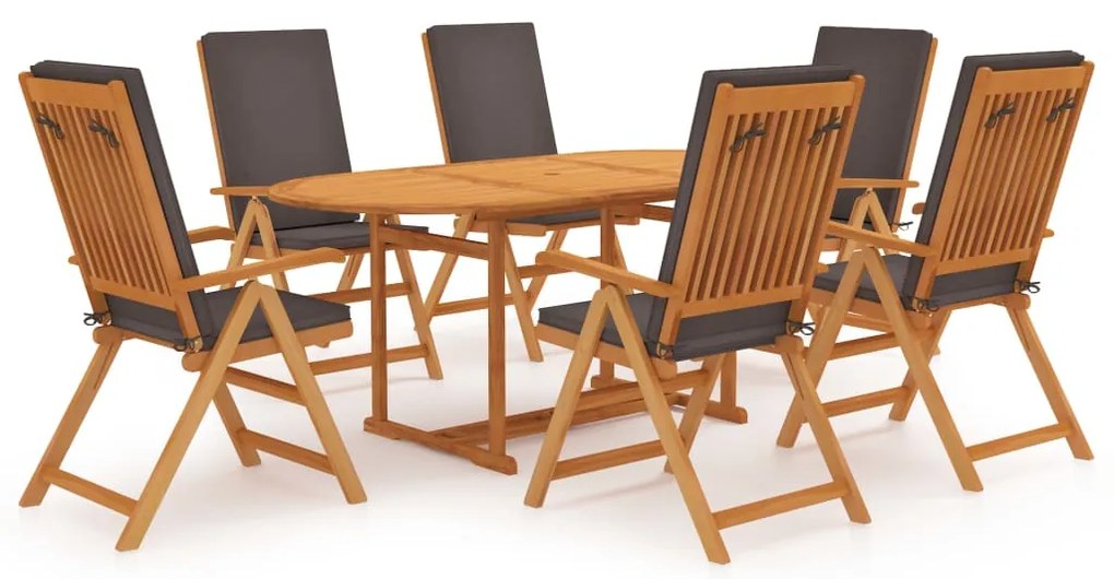 vidaXL 7 részes tömör tíkfa kerti étkezőgarnitúra szürke párnákkal