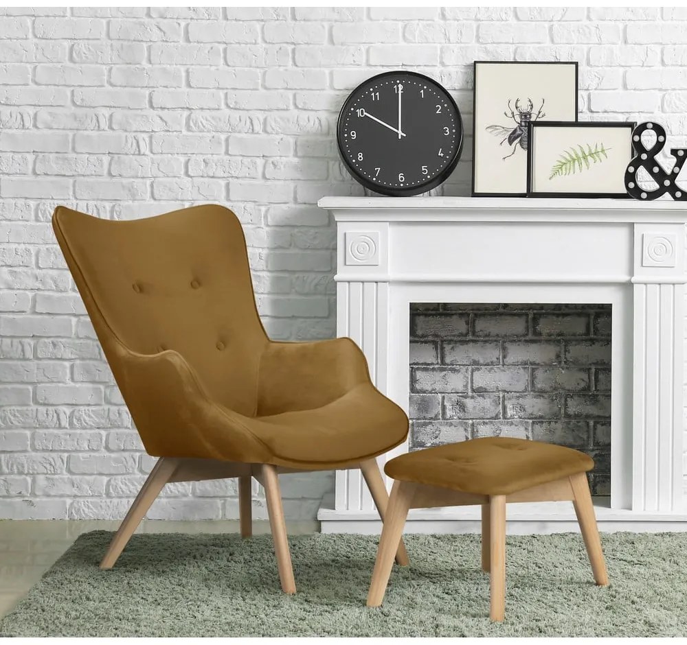 Mustársárga bársony fotel lábtartóval Niko – Ropez