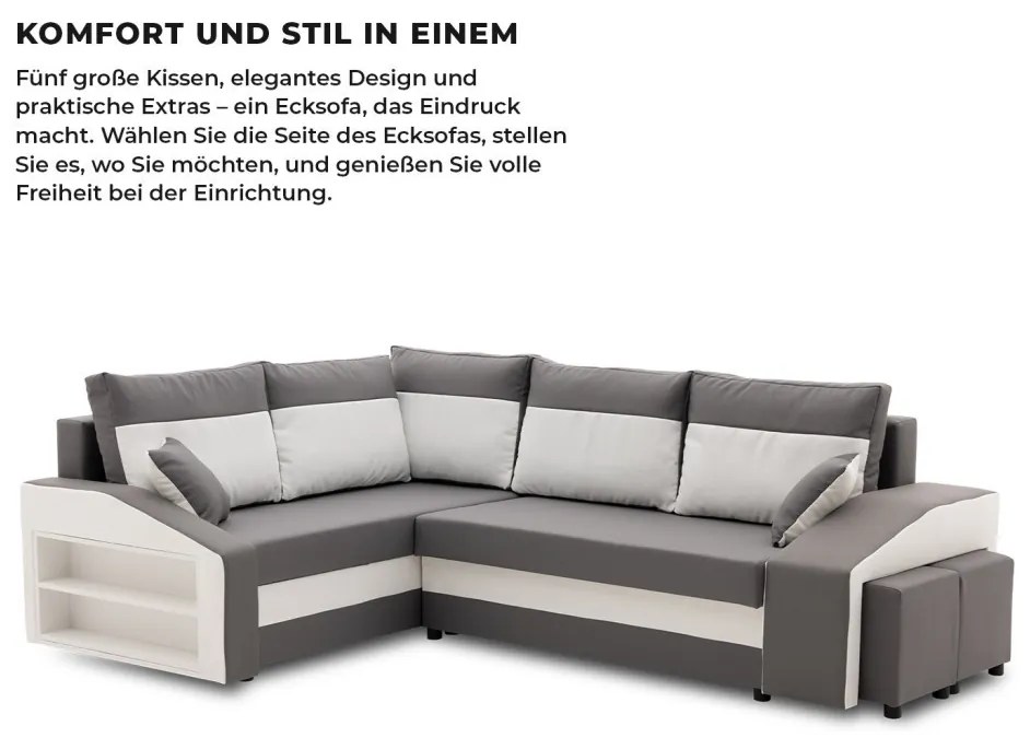 Grande sarokkanapé polcokkal és puffokkal , polc a bal karfaban puffok a jobb karfaban, baloldali, szövet anyag, bonell töltet, szürke - fehér