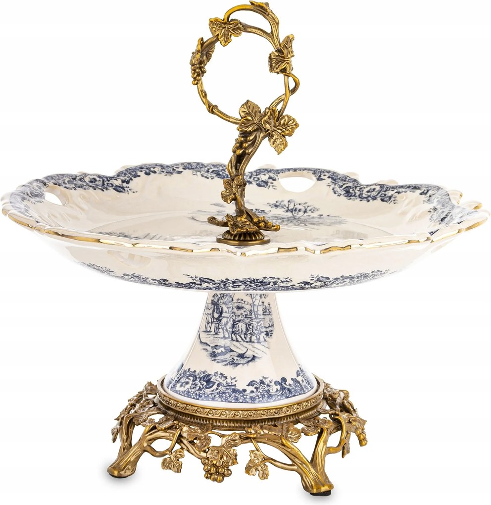 Palota tálca Retro kerámia öregített fehér kék arany patera láb