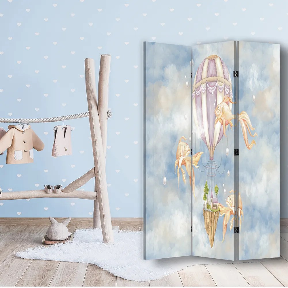 Gario Paraván Holégballon, ház és halak a kék égen Méret: 145 x 170 cm, Kivitelezés: Forgó paraván 360°