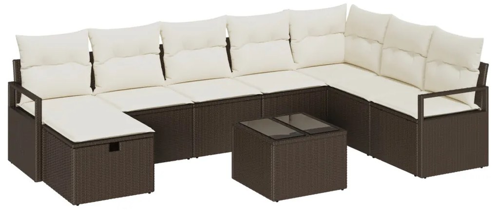 9 darabos Kert Kanapé Készlet Párnákkal Barna Poli Rattan, 2 szemes Kert Kanapé Tárolóval és Párnákkal Barna Poli Rattan