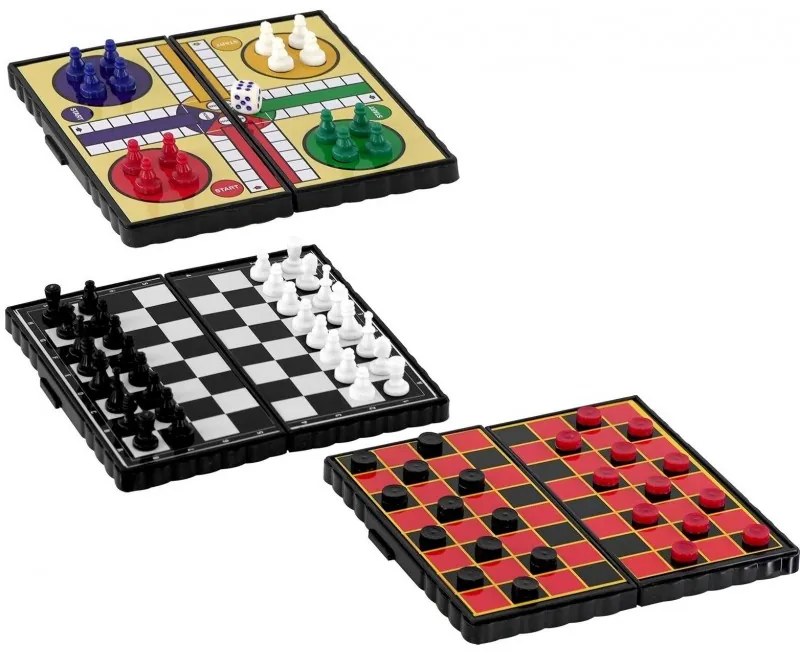 Mini mágneses társasjáték készlet 3 az 1-ben - sakk / dáma / ember ne haragudj