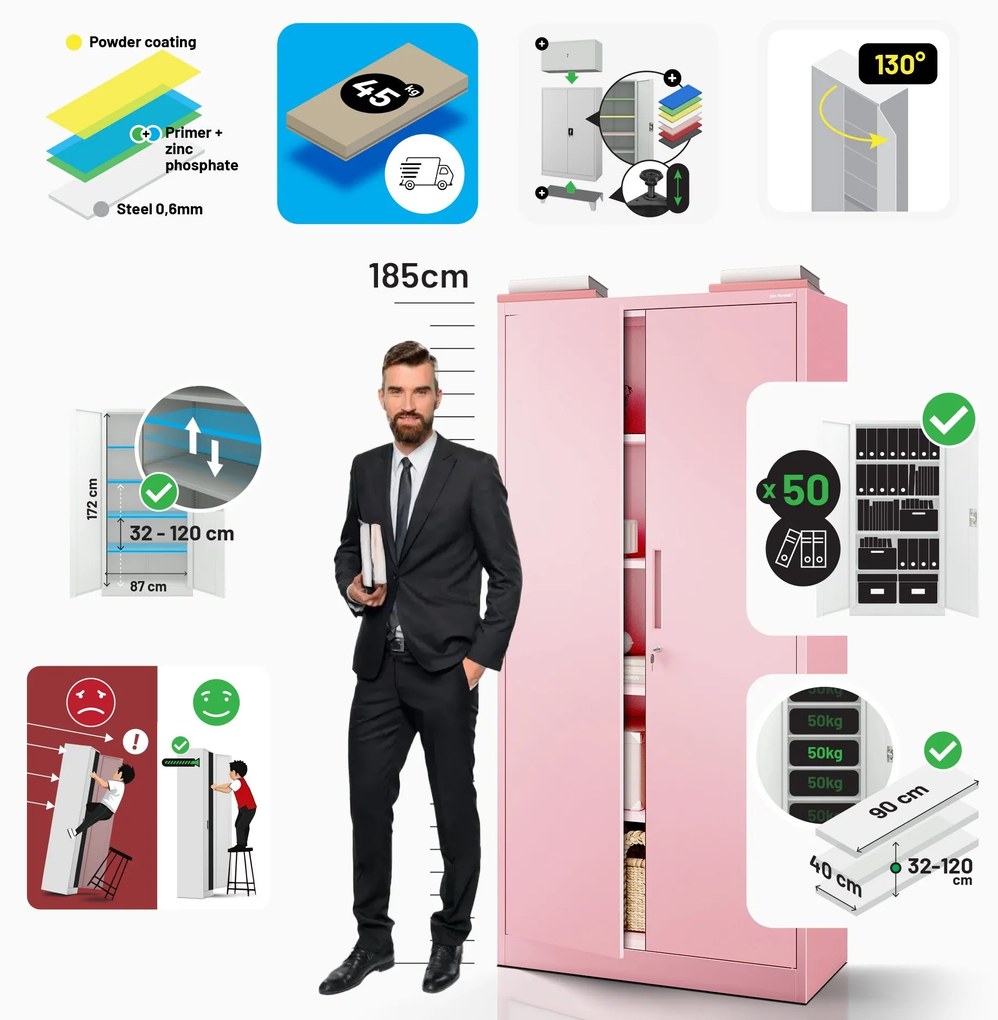 Fémszekrény otthoni irodába JAN, 900 x 1850 x 400 mm, Fresh Style: púderrózsaszín