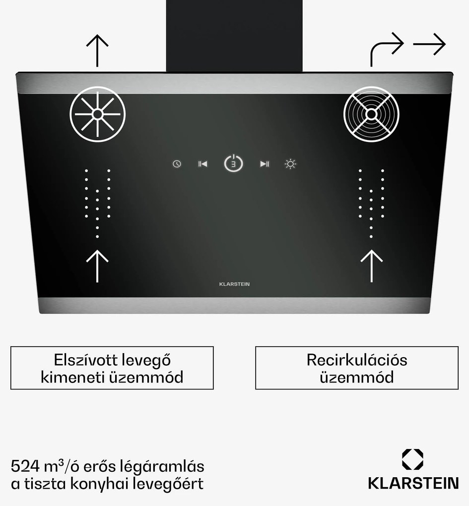 Klarstein FlashLine páraelszívó, A++, 524 m³/h, 3 szint, érintős, csendes, LED, elszívás/recirkuláció, 100 W