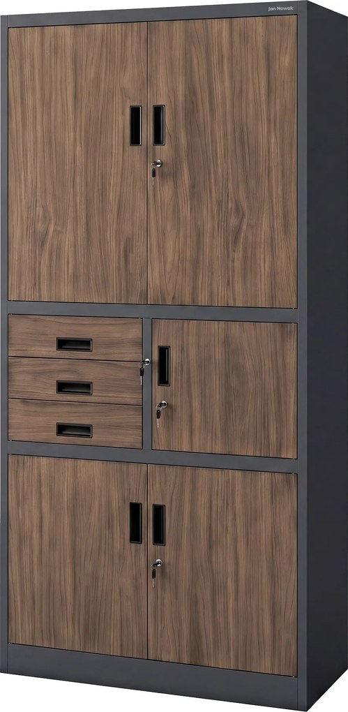 Fém irodai szekrény széffel, antracit, dió, 900x1850x400 mm: FILIP II Eco Design
